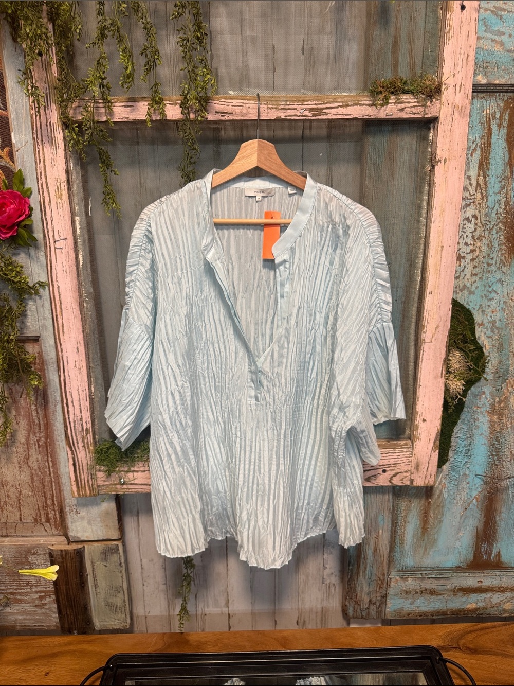 Vince 2X Sky Blue 100% Crushed Silk Split V-Neck Top